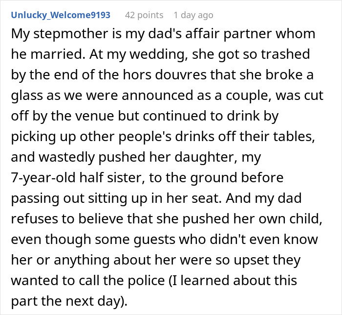 A screenshot of a Reddit comment detailing a stepmother's drunken behavior at a wedding, after stealing a husband. A screenshot of a Reddit comment detailing a stepmother's drunken behavior at a wedding, after stealing a husband.