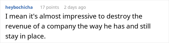 A comment discussing a CEO who fired 900 workers and his impact on company revenue.