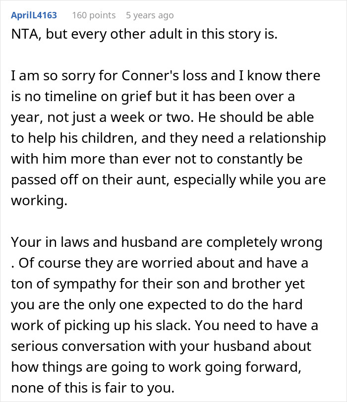 A comment section discussing a grieving guy moving in with his brother and sister-in-law, treating her WFH job like a babysitting service. A comment section discussing a grieving guy moving in with his brother and sister-in-law, treating her WFH job like a babysitting service.