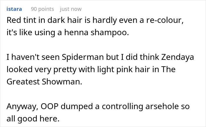 A comment discussing hair color, red dye, and GF dumping a controlling guy.