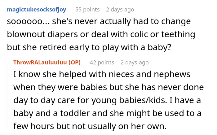 A screenshot showing a comment questioning the grandmother's experience with motherhood before early retirement to care for grandkids. A screenshot showing a comment questioning the grandmother's experience with motherhood before early retirement to care for grandkids.