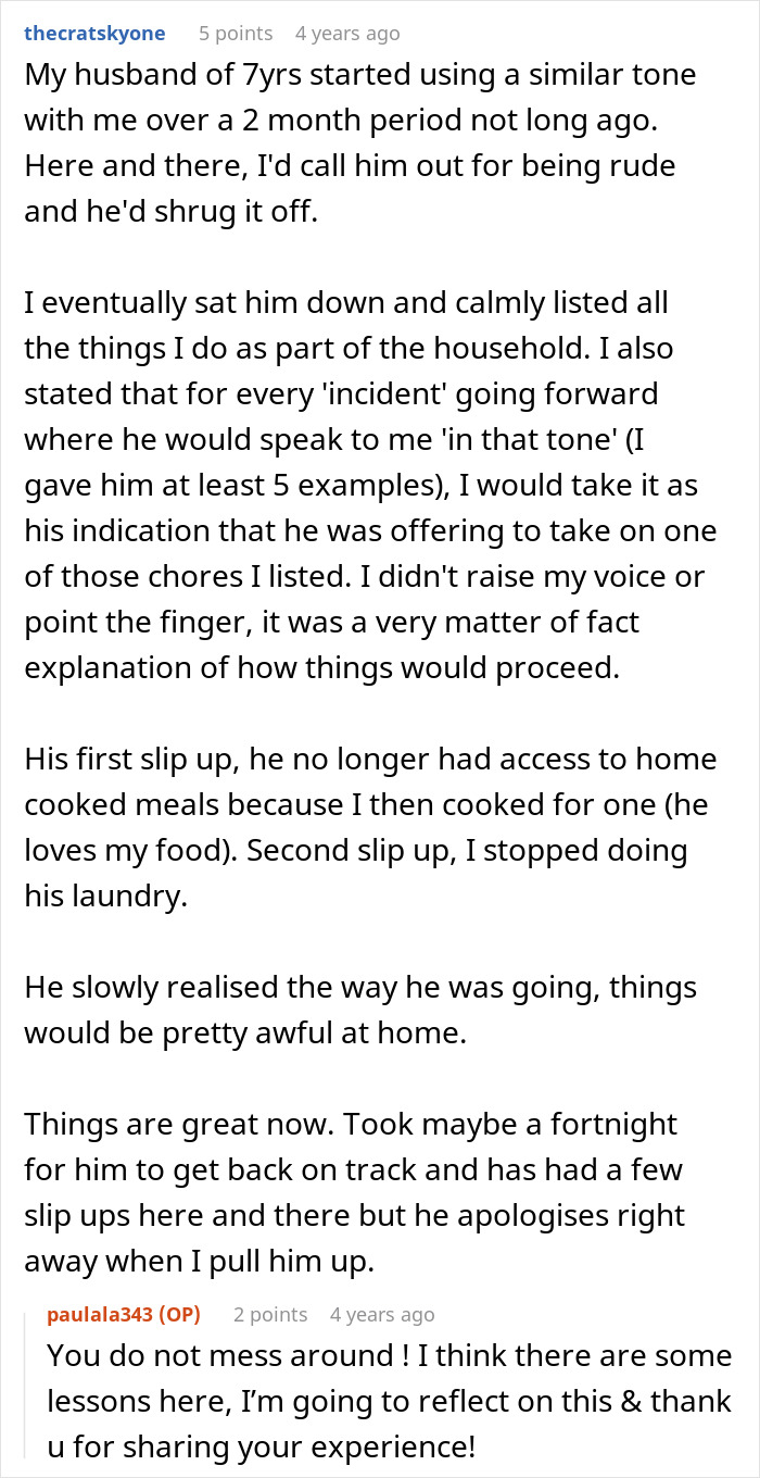 A screenshot of a comment from a wife explaining how she addressed her hubby's questions and tone, who put her on edge. A screenshot of a comment from a wife explaining how she addressed her hubby's questions and tone, who put her on edge.