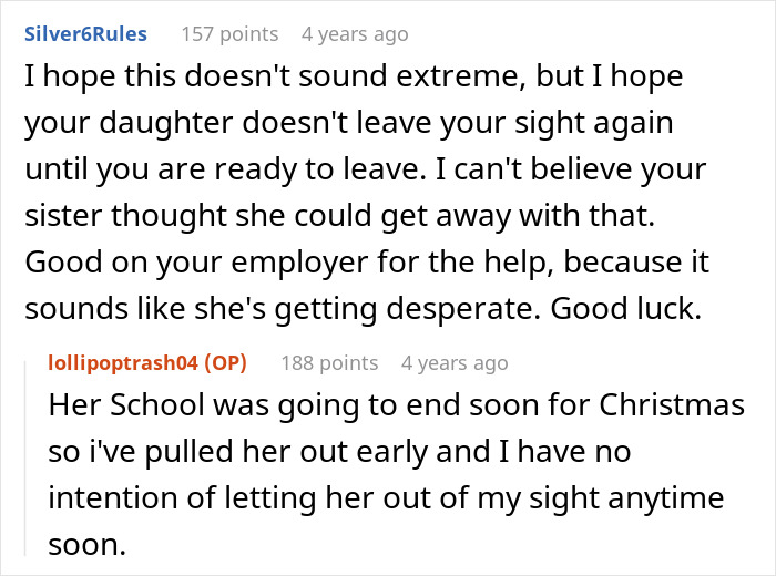 A screenshot showing user comments regarding a sister's baby and kidnapping, and the OP's protective actions. A screenshot showing user comments regarding a sister's baby and kidnapping, and the OP's protective actions.