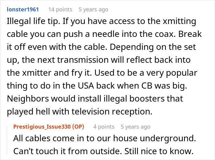 A Reddit thread discussing an illegal antenna and methods to counter rude neighbor interference. A Reddit thread discussing an illegal antenna and methods to counter rude neighbor interference.