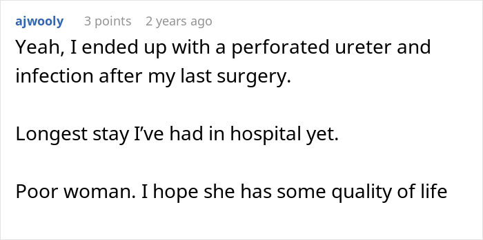 A social media comment from a user describing their own surgery complications, relating to the woman's amputation. A social media comment from a user describing their own surgery complications, relating to the woman's amputation.