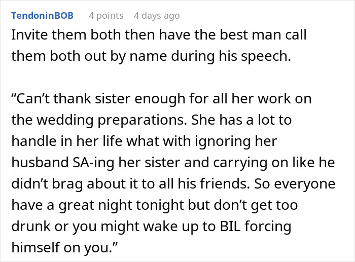 A suggestion to call out a toxic BIL during a wedding speech. A woman draws the line with her family. A suggestion to call out a toxic BIL during a wedding speech. A woman draws the line with her family.