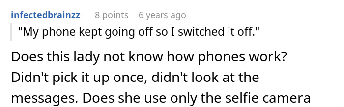 A comment questioning if the entitled parent understands how phones work after claiming to switch it off.