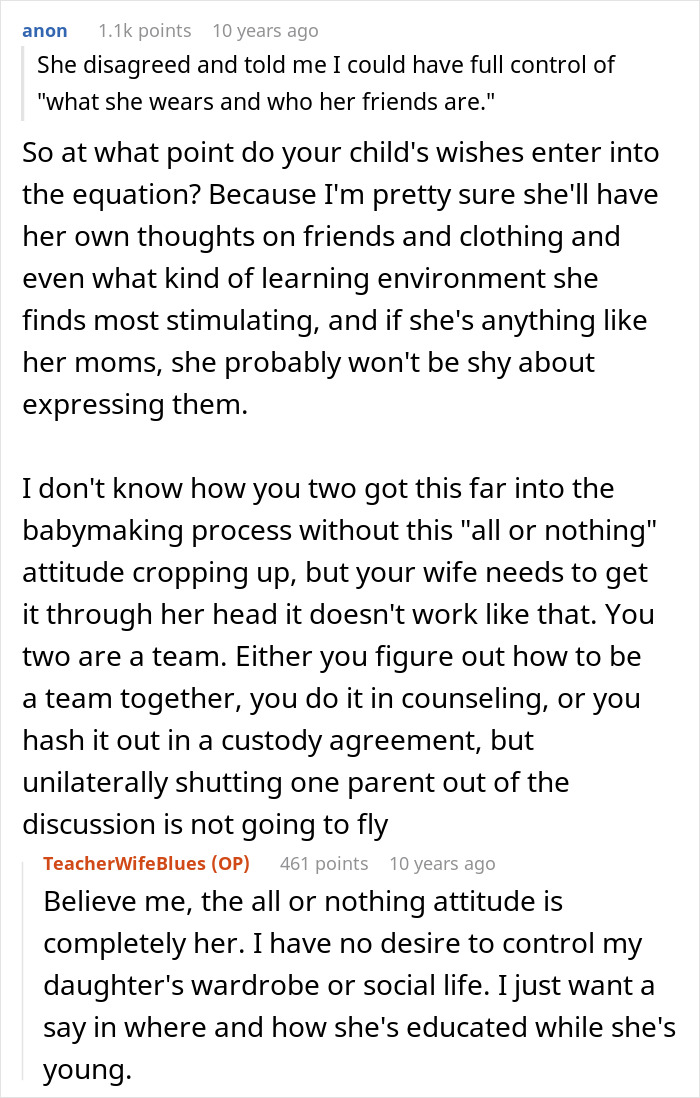 A screenshot of a forum comment discussing the mom's desire for control over her kid's education and wardrobe.