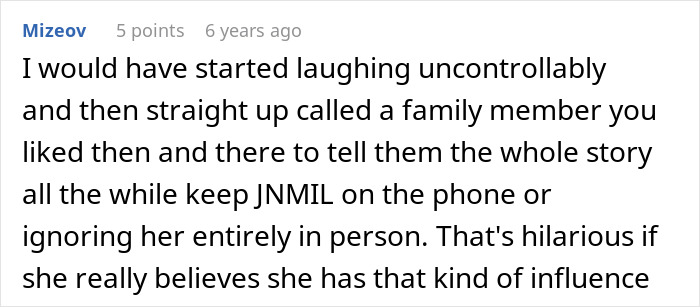 A Reddit comment suggesting to laugh uncontrollably and call a liked family member to tell them the story while ignoring the JNMIL, related to buying stepson's love.