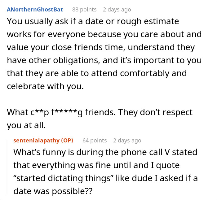 A screenshot of a Reddit comment about a Bachelorette date dispute causing a friendship to end with hurtful messages. A screenshot of a Reddit comment about a Bachelorette date dispute causing a friendship to end with hurtful messages.