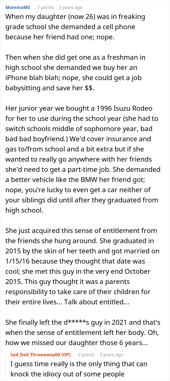 A screenshot of a Reddit comment where a parent details their daughter's sense of entitlement and demands, a story of a son's family heirloom. A screenshot of a Reddit comment where a parent details their daughter's sense of entitlement and demands, a story of a son's family heirloom.