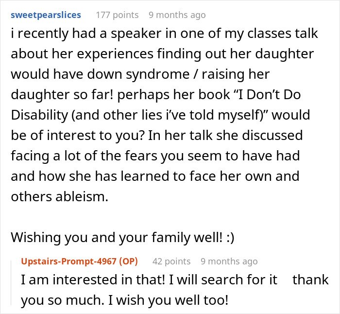 A comment on a post about having a baby with Down syndrome, mentioning a speaker and a book on raising a child with Down syndrome.