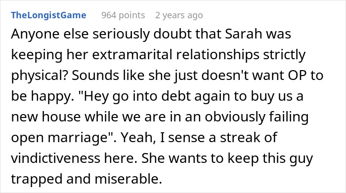 A comment questioning a wife's relationships and motives in an open marriage, discussing new rules after meeting another woman. A comment questioning a wife's relationships and motives in an open marriage, discussing new rules after meeting another woman.