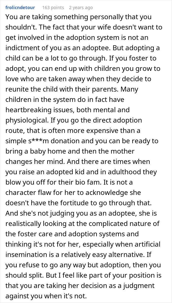 A screenshot of a Reddit comment discussing the complexities of adoption versus artificial insemination to conceive.
