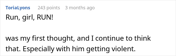 A comment advises a woman to run from a man who suggests an open relationship and turns violent. A comment advises a woman to run from a man who suggests an open relationship and turns violent.