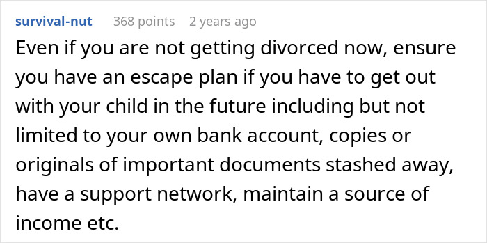 Comment on the importance of an escape plan for a woman driven by MIL to leave her son, including finances and documents. Comment on the importance of an escape plan for a woman driven by MIL to leave her son, including finances and documents.