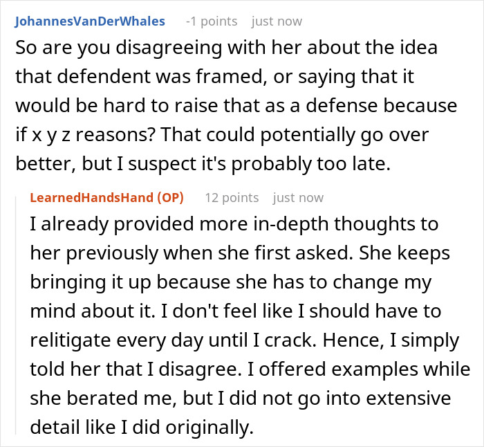 A screenshot of Reddit comments discussing a husband's disagreement with his wife's criminal trial theory.