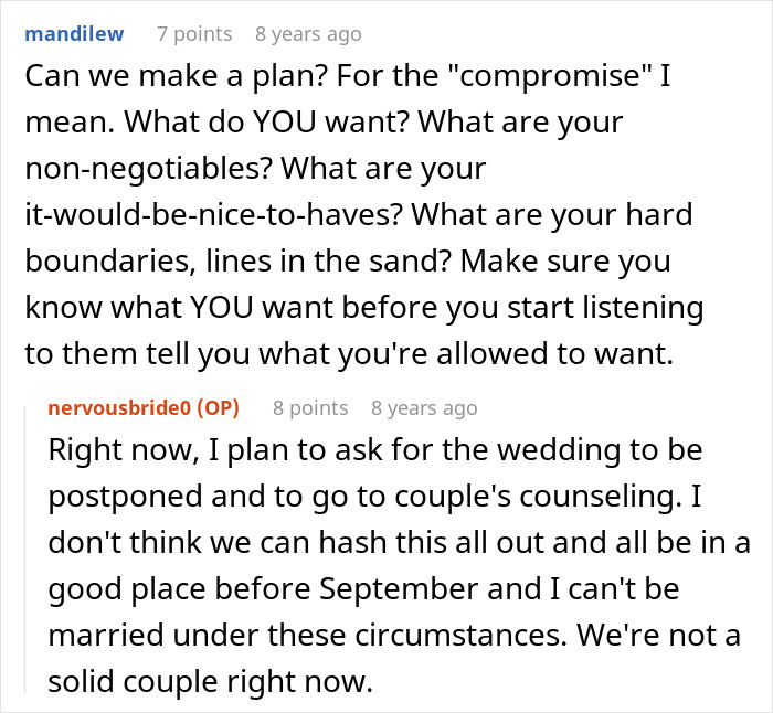 A bride decides to postpone the wedding and seek counseling due to issues with her fiancée and future MIL. A bride decides to postpone the wedding and seek counseling due to issues with her fiancée and future MIL.