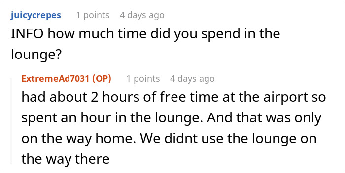 A Reddit comment discussing the time spent in an airport lounge during a family trip after flight upgrades. A Reddit comment discussing the time spent in an airport lounge during a family trip after flight upgrades.