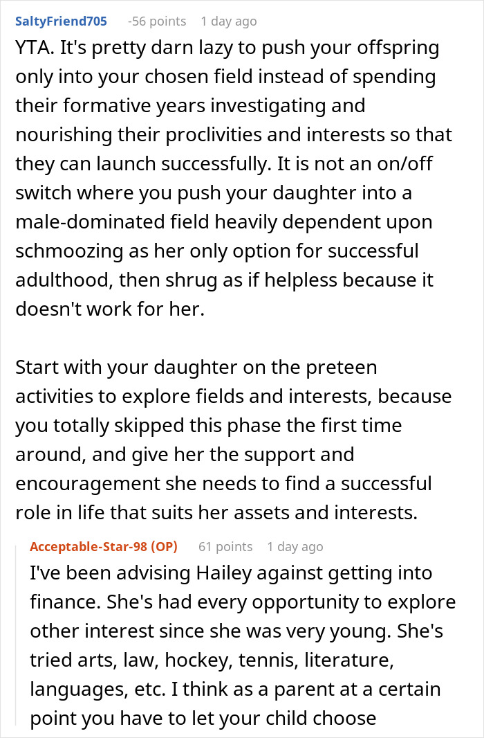 A Reddit comment advising a dad on helping his daughter find a successful career path beyond internships. A Reddit comment advising a dad on helping his daughter find a successful career path beyond internships.
