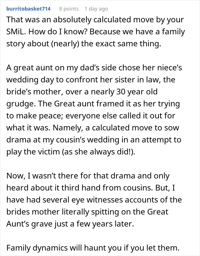 A Reddit comment detailing a family story similar to the woman apologizing for stealing a husband. A Reddit comment detailing a family story similar to the woman apologizing for stealing a husband.