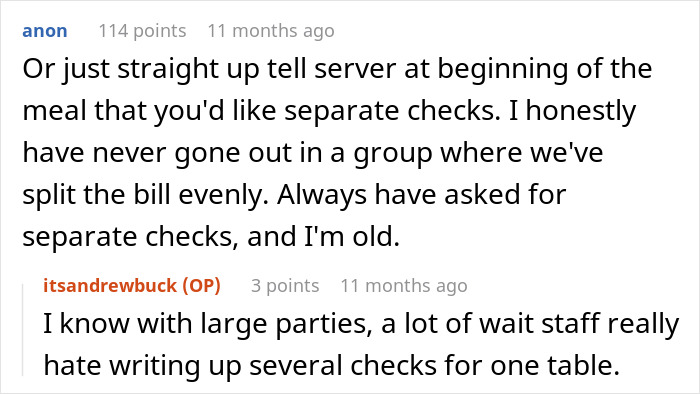 A screenshot of a comment about a couple finding fun dinner buddies and realizing neighbors just found someone to pay their bills, suggesting separate checks. A screenshot of a comment about a couple finding fun dinner buddies and realizing neighbors just found someone to pay their bills, suggesting separate checks.