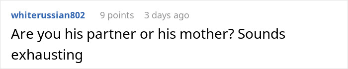 A social media comment asking if the woman is a partner or mother, regarding her fiancé's cleaning. A social media comment asking if the woman is a partner or mother, regarding her fiancé's cleaning.
