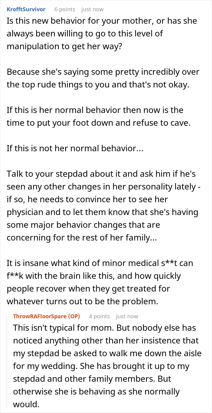 A screenshot of a comment about a bride's mom's behavior regarding who should walk her down the aisle.