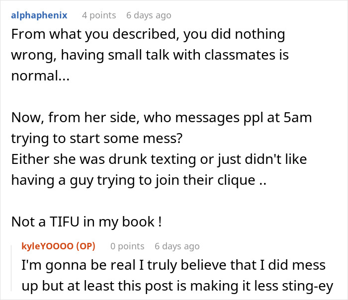 A screenshot of a Reddit comment suggesting the male classmate did nothing wrong by socializing with female classmates. A screenshot of a Reddit comment suggesting the male classmate did nothing wrong by socializing with female classmates.