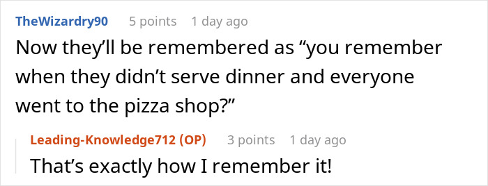 Reddit comments recalling the wedding guests' hunger fight after the couple only served appetizers, prompting a pizza run. Reddit comments recalling the wedding guests' hunger fight after the couple only served appetizers, prompting a pizza run.