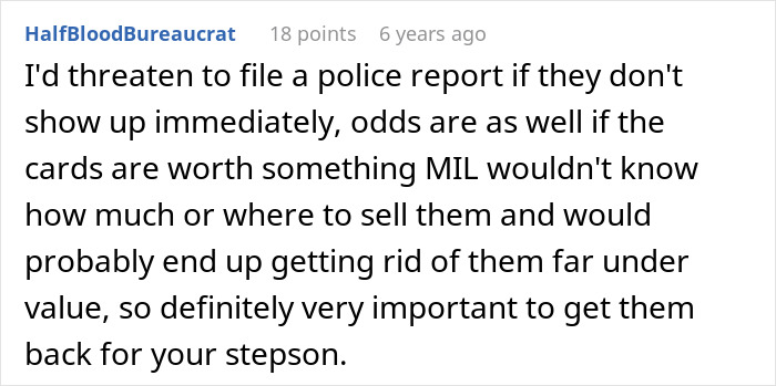 A detailed comment advising to file a police report to retrieve the stepson's valuable gifts from the grandma.