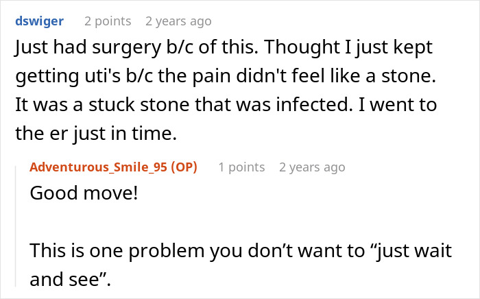 A social media comment about surgery for an infected stone, with another user remarking on the woman's amputation. A social media comment about surgery for an infected stone, with another user remarking on the woman's amputation.