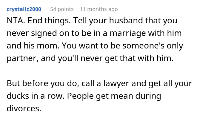 A comment recommending a woman consult a lawyer regarding her marriage controlled by her husband's mom. A comment recommending a woman consult a lawyer regarding her marriage controlled by her husband's mom.