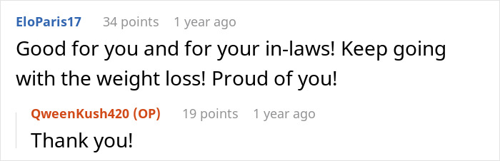 A comment praising weight loss and in-laws for a cheating husband situation, showing support. A comment praising weight loss and in-laws for a cheating husband situation, showing support.