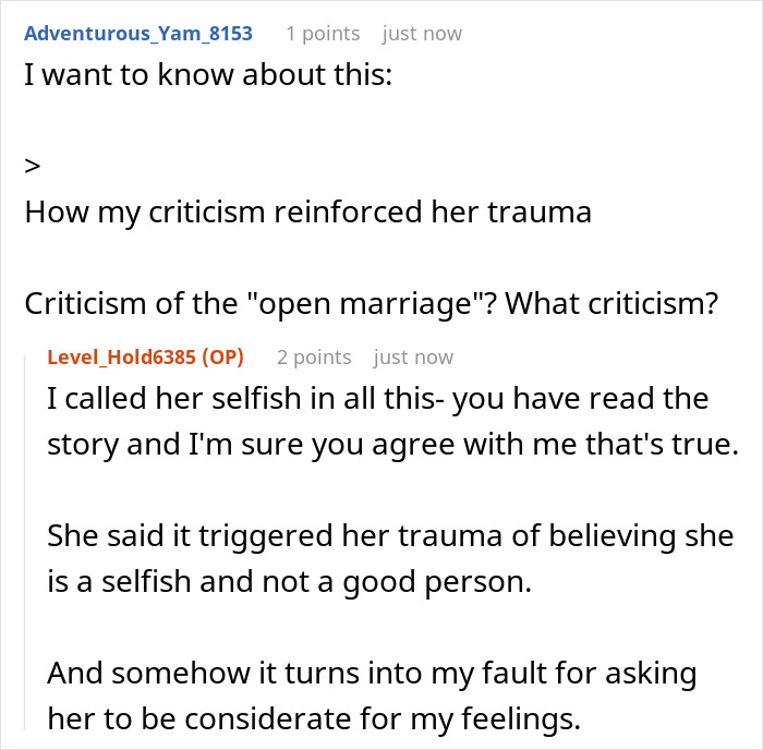 A screenshot of a discussion about an open marriage, where a man mourns his marriage after realizing his wife's actions.