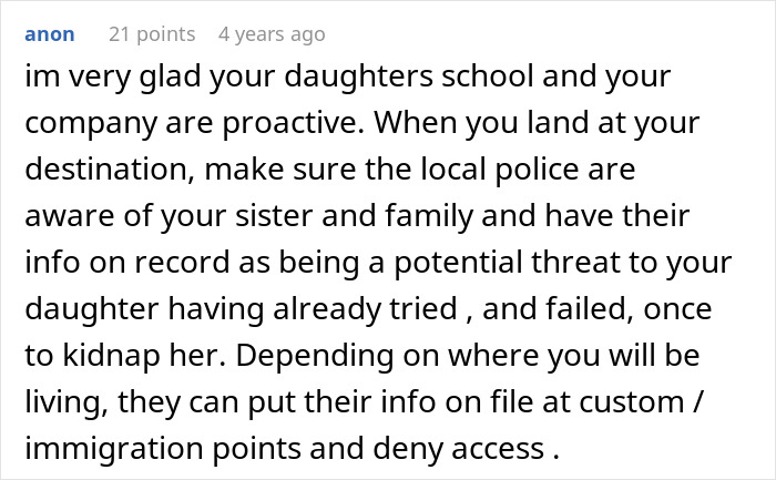 Reddit comment about a woman adopting her sister's baby, advising to alert police about the attempted kidnap. Reddit comment about a woman adopting her sister's baby, advising to alert police about the attempted kidnap.