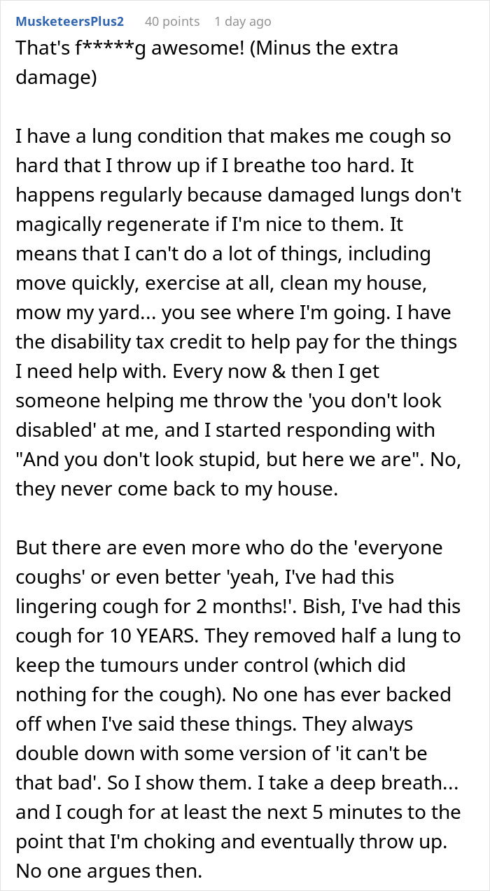 A woman with a disability confronts a nosy relative who doubts her condition, leaving them horrified.