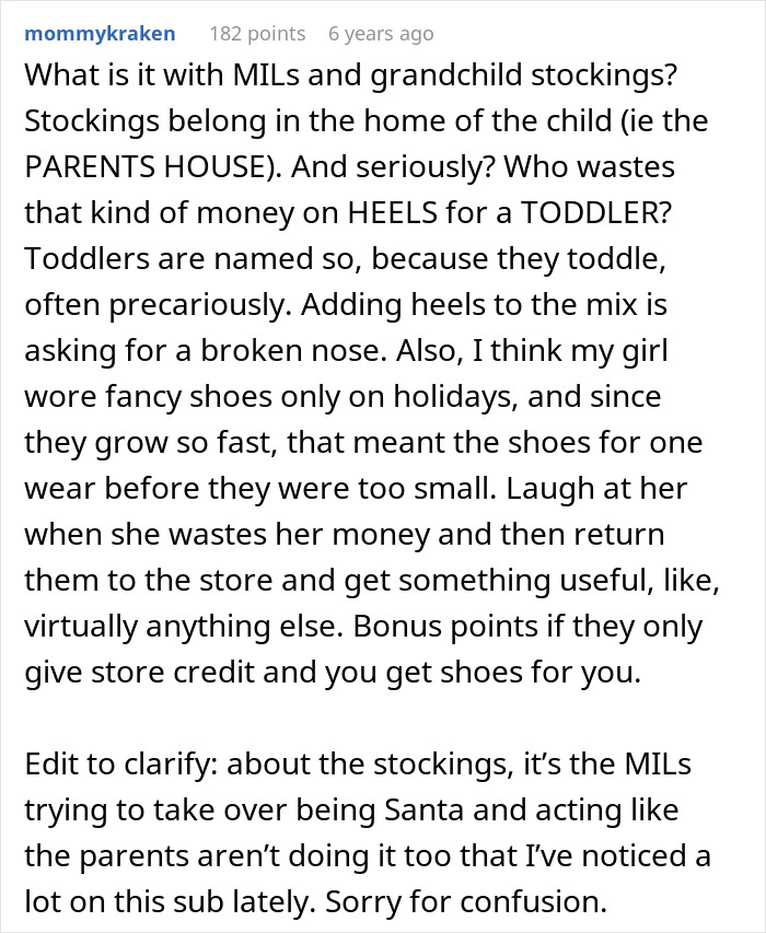 Online comment discussing MILs, grandchild stockings, and future grandma's plans for baby's first Christmas. Online comment discussing MILs, grandchild stockings, and future grandma's plans for baby's first Christmas.