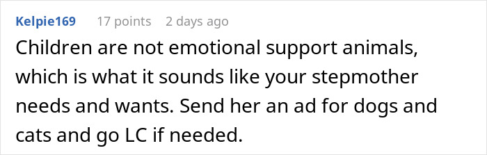 A Reddit comment about a woman retiring to experience motherhood through grandkids, advising the daughter to set boundaries and suggesting the stepmother needs therapy. A Reddit comment about a woman retiring to experience motherhood through grandkids, advising the daughter to set boundaries and suggesting the stepmother needs therapy.