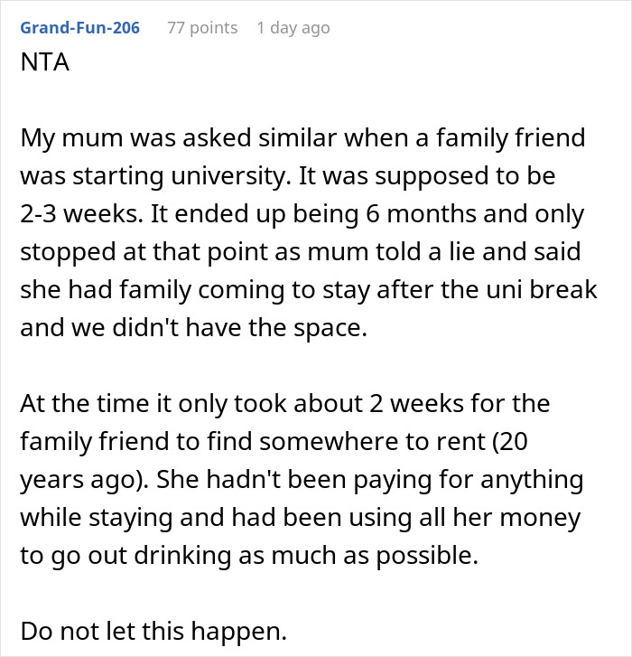 A Reddit comment advising against housing a 25YO niece for months without answers, recounting a similar past experience. A Reddit comment advising against housing a 25YO niece for months without answers, recounting a similar past experience.