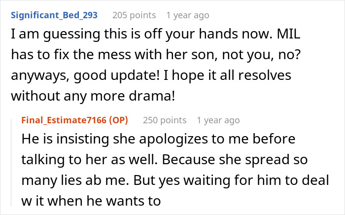 Reddit comments on a wedding dispute, suggesting the mother-in-law should fix the mess with her son. Reddit comments on a wedding dispute, suggesting the mother-in-law should fix the mess with her son.