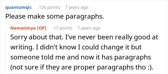Screenshot of Reddit comments, where a user apologizes for formatting, related to the story of an ER nurse saving a patient. Screenshot of Reddit comments, where a user apologizes for formatting, related to the story of an ER nurse saving a patient.