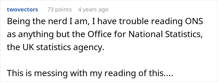 A user comment on an online forum discussing confusion between ONS and Office for National Statistics while reading about spouses sleeping together. A user comment on an online forum discussing confusion between ONS and Office for National Statistics while reading about spouses sleeping together.