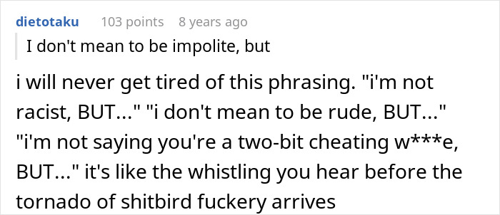 A Reddit comment discusses phrases like I don't mean to be impolite, often preceding outrageous accusations.