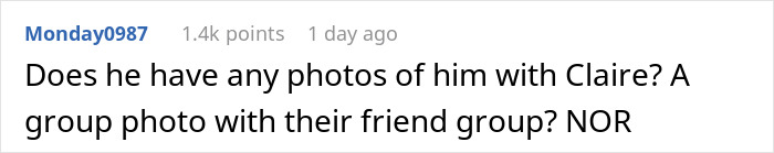 A social media comment suggesting a wife investigate if her husband has photos with his 'best friend' from a past engagement. A social media comment suggesting a wife investigate if her husband has photos with his 'best friend' from a past engagement.