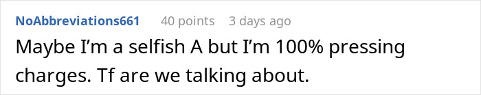 A screenshot of a comment from NoAbbreviations661 about pressing charges for a destroyed home. A screenshot of a comment from NoAbbreviations661 about pressing charges for a destroyed home.
