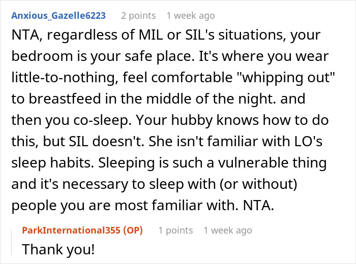 A comment about a wife confronting her in-laws, emphasizing the marital bed as a safe space for co-sleeping.