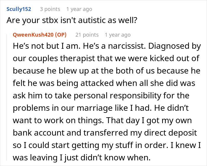 A screenshot showing a comment from a wife about her cheating husband being a narcissist. A screenshot showing a comment from a wife about her cheating husband being a narcissist.