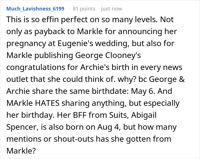 A lengthy comment detailing reasons for Meghan Markle's karma on her birthday. A lengthy comment detailing reasons for Meghan Markle's karma on her birthday.