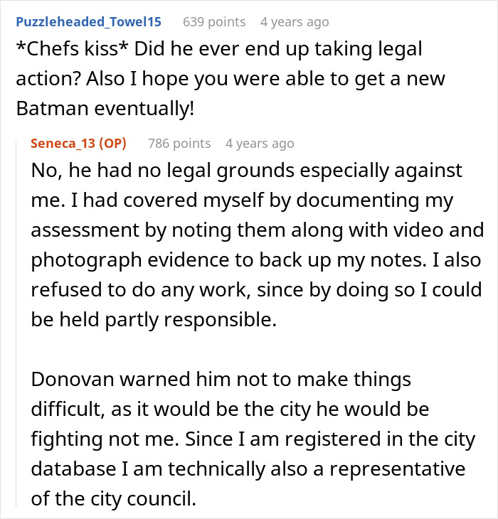 Reddit comment discussing lack of legal grounds against the protagonist and documentation for the Batman toy incident. Reddit comment discussing lack of legal grounds against the protagonist and documentation for the Batman toy incident.